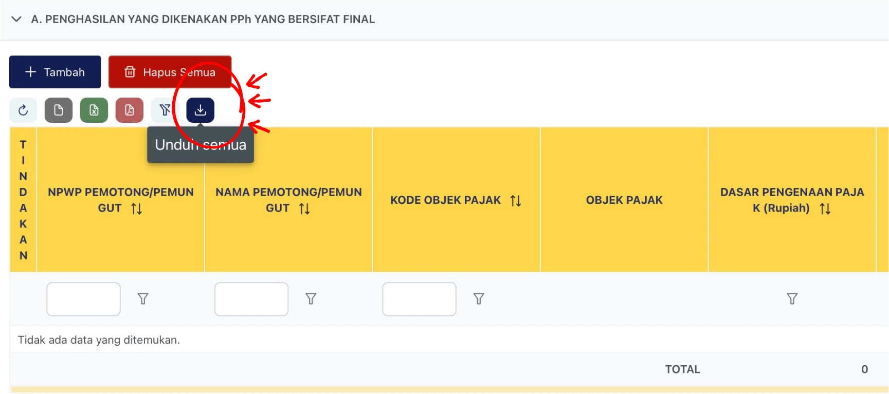 Tombol Unduh Semua pada Lampiran L4 Bagian A SPT Tahunan PPh Badan di Coretax