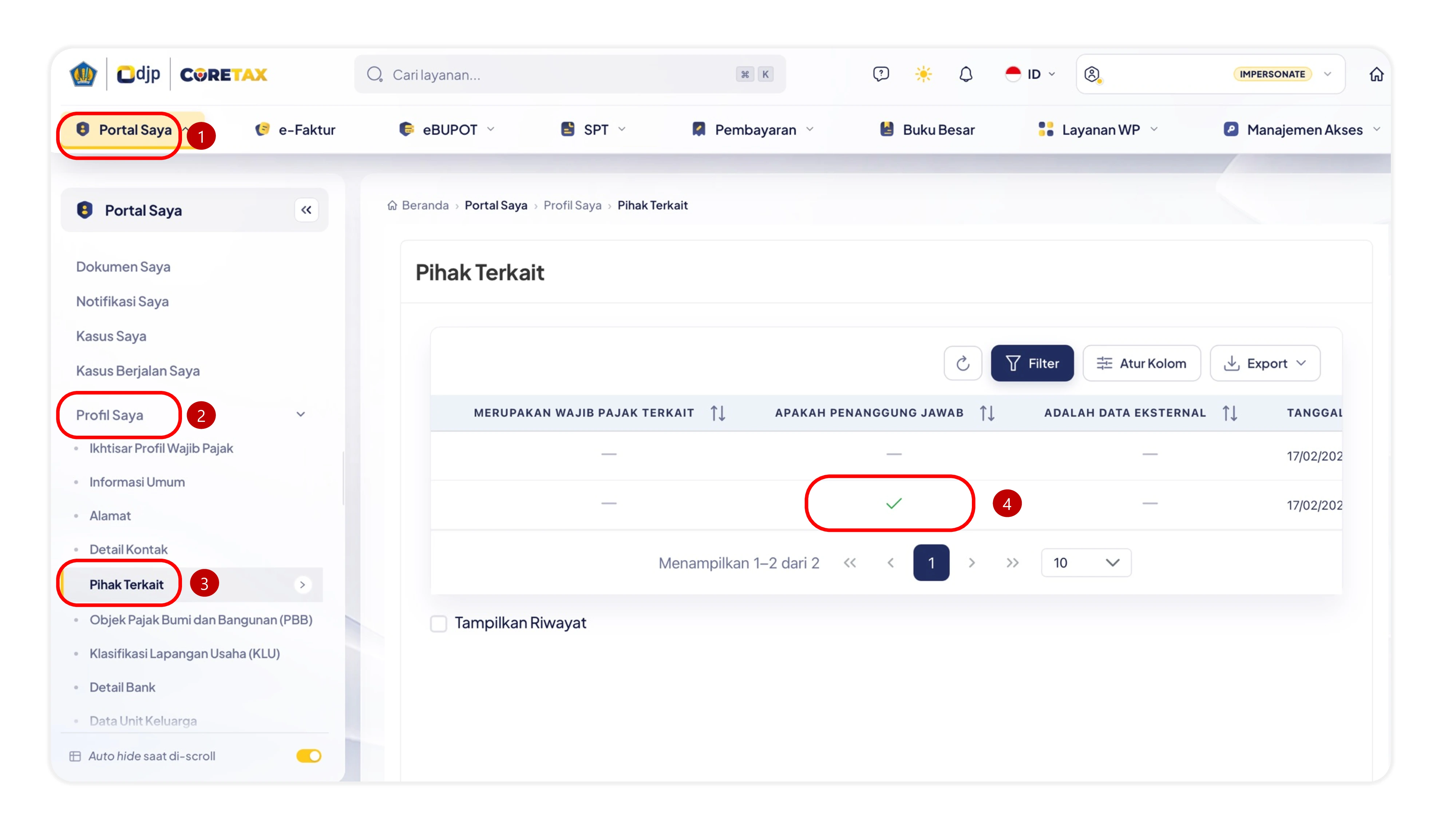 Letak informasi PIC atau Penanggung Jawab pada menu Pihak Terkait di Coretax