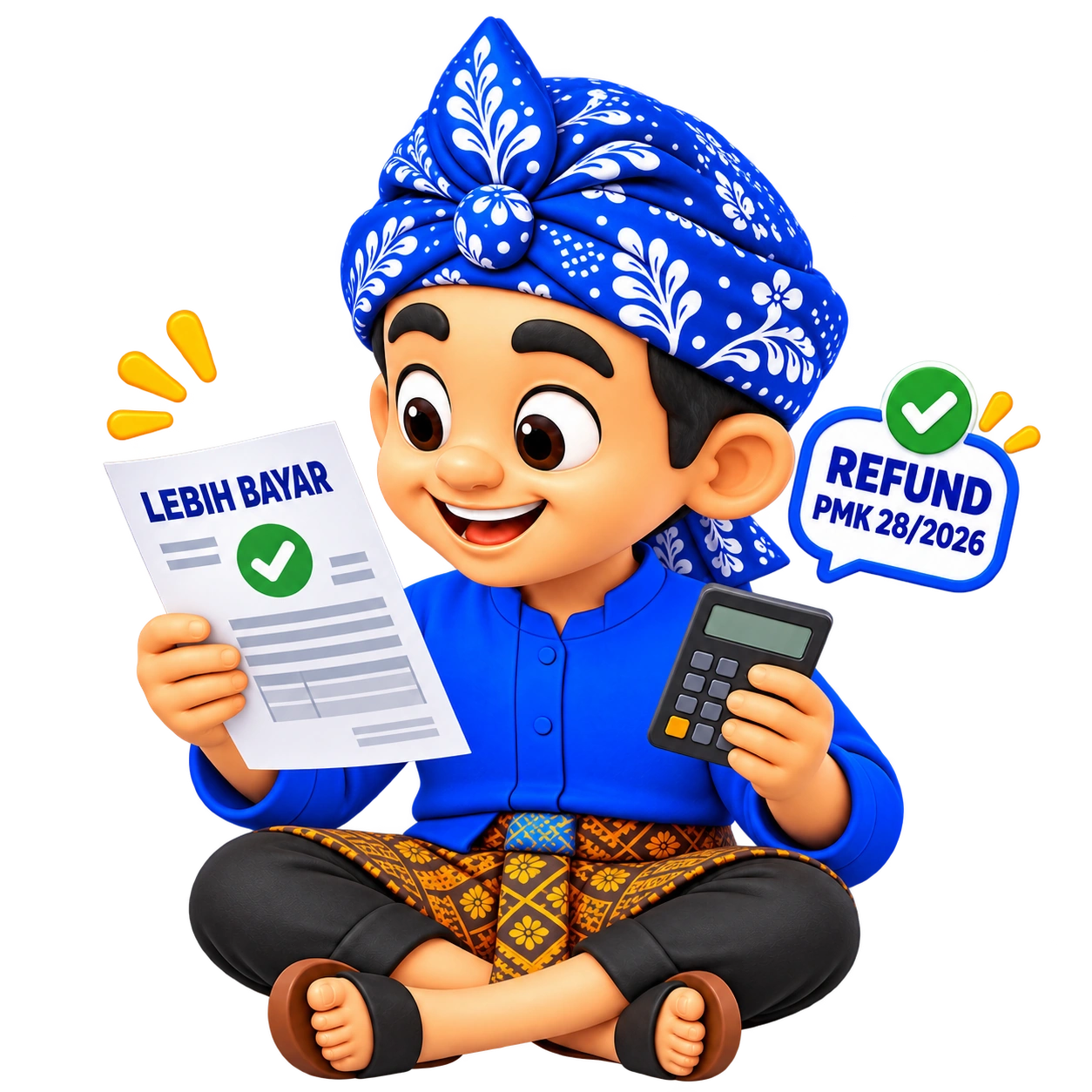 Kabayan duduk membaca dokumen lebih bayar sambil memegang kalkulator pengembalian pendahuluan