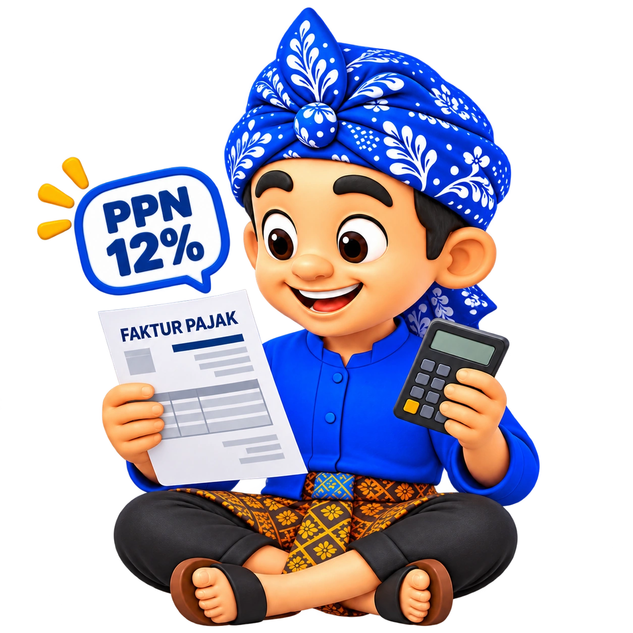 Kabayan sedang duduk memeriksa Faktur Pajak dan kalkulator PPN 12 persen