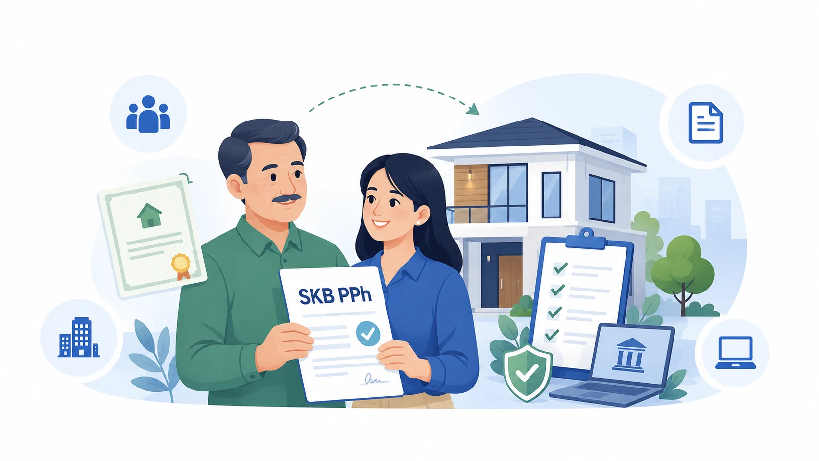 Ilustrasi hibah tanah dan bangunan antara orang tua dan anak dengan dokumen SKB PPh, rumah, checklist, dan akses digital
