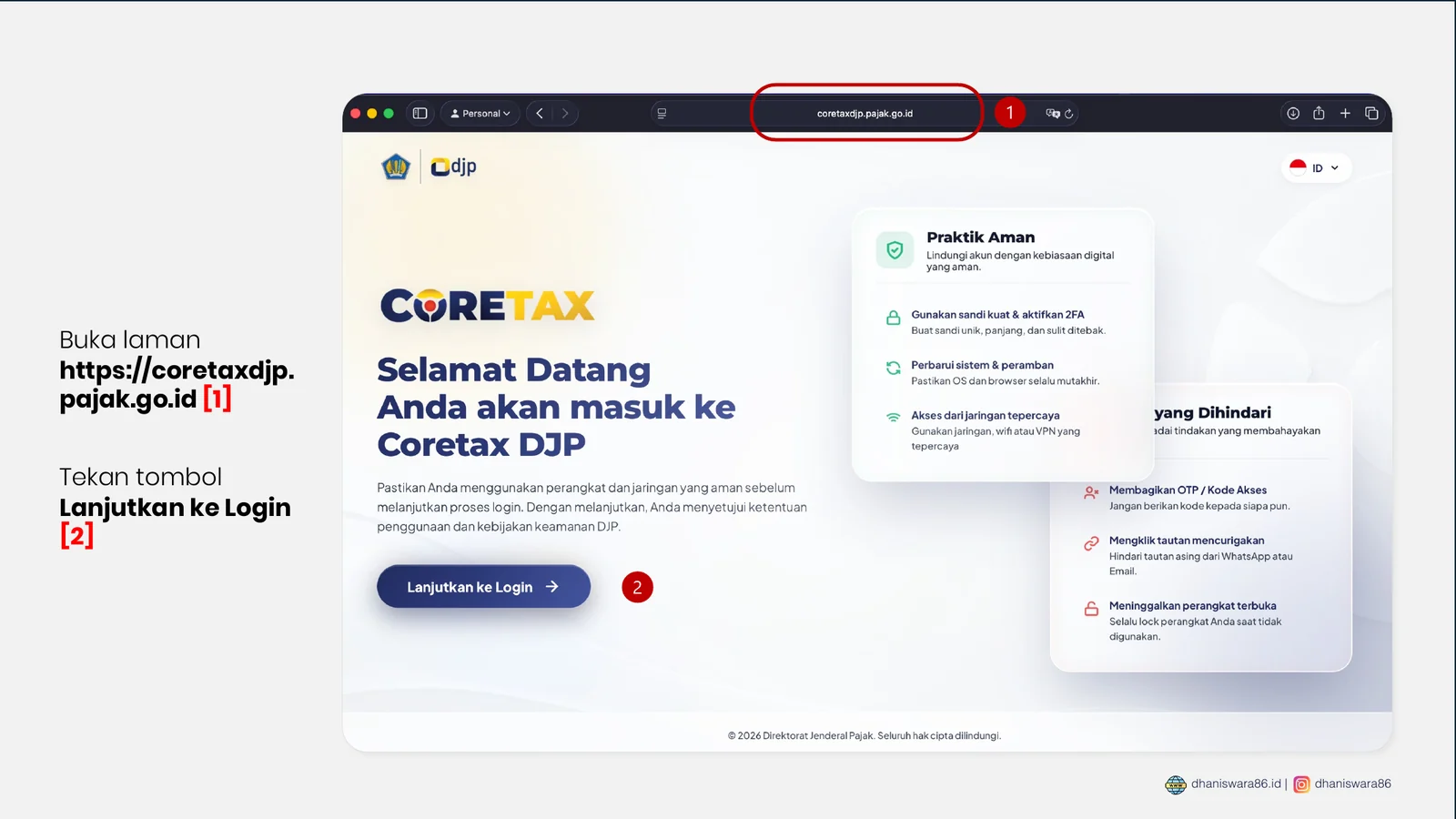 Membuka laman Coretax dan melanjutkan ke halaman login