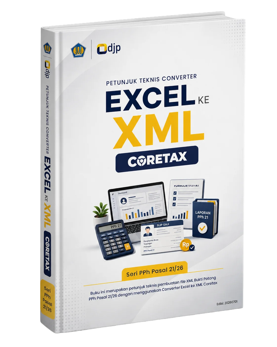 Mockup buku Converter Excel ke XML Coretax Seri PPh Pasal 21/26